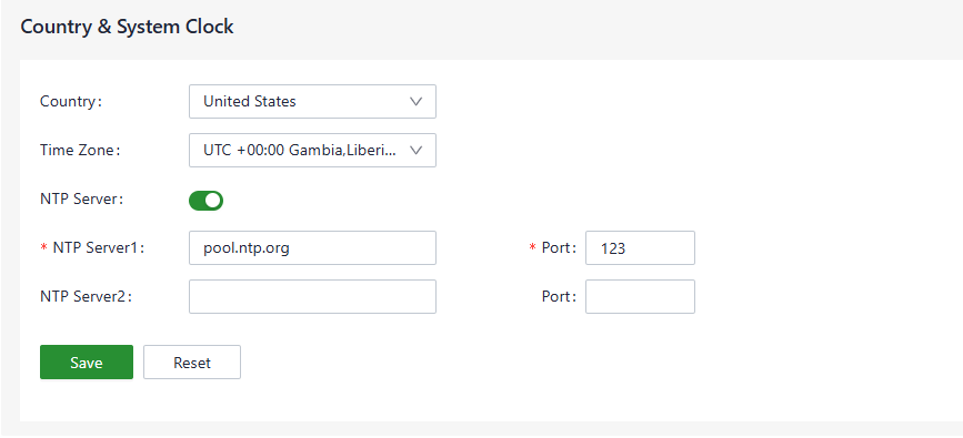 Country and system clock settings
