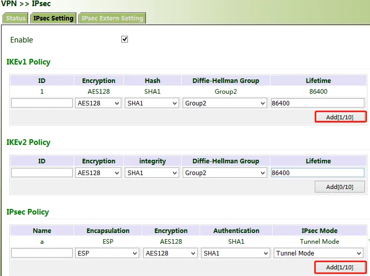 IKE and IPsec policy configuration page