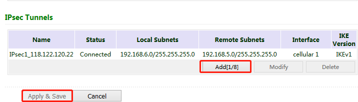 IPsec tunnel configuration page