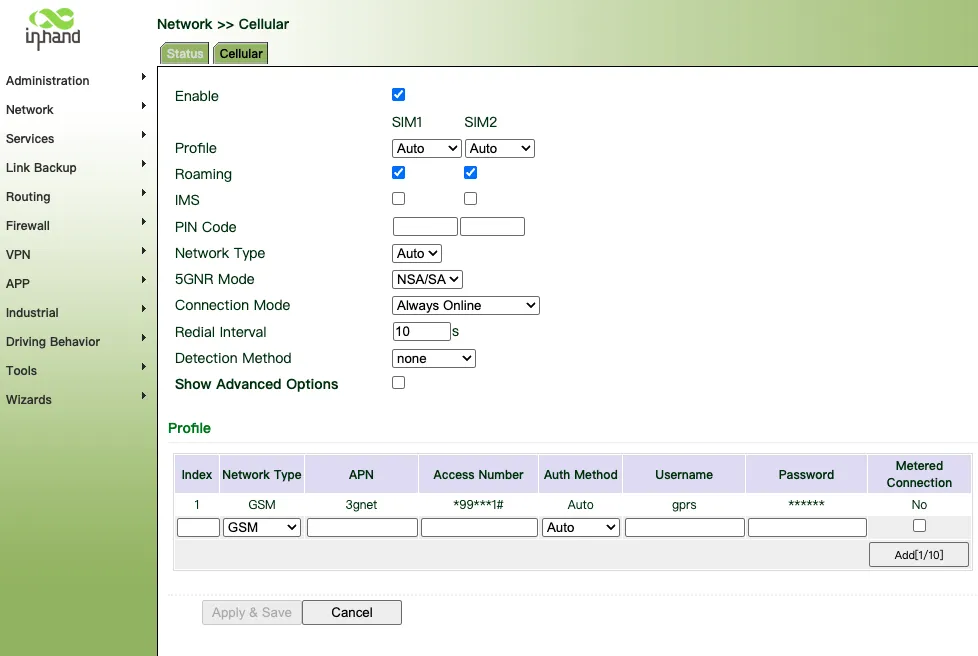 Cellular Configuration Page