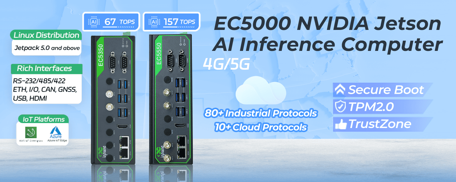 EC5000 AI edge computer in robust industrial housing with multiple ports and antennas, AWS IoT Greengrass certified for edge