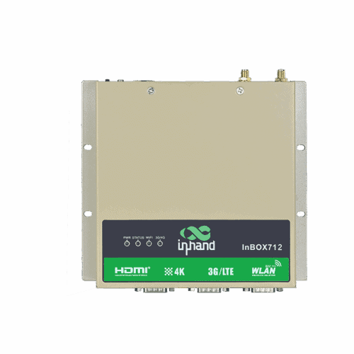 Gateway industrial IoT InBOX712 con puertos 4G, multi-serie y HDMI duales.