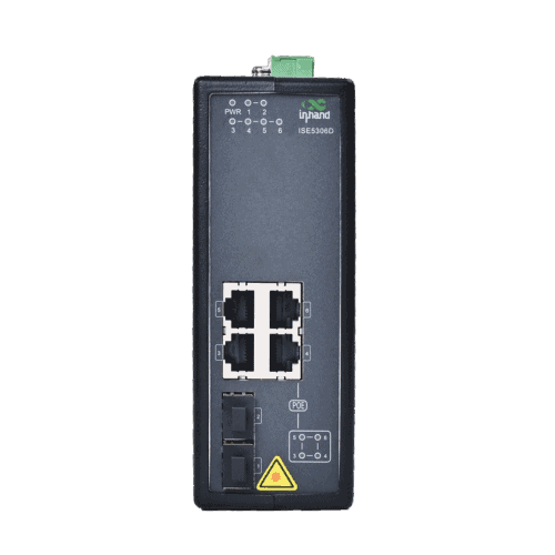 Commutateur PoE+ non géré ISE5306D avec montage DIN et ports Gigabit pour applications industrielles.