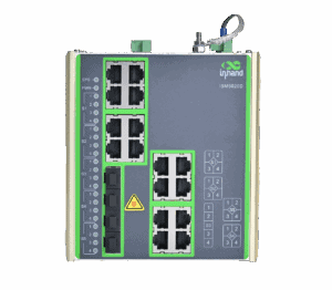 DIN rayına monte edilebilen, 4 adet SFP portu ve 16 adet Gigabit Ethernet portuna sahip ISM5020D endüstriyel Ethernet anahtarı.