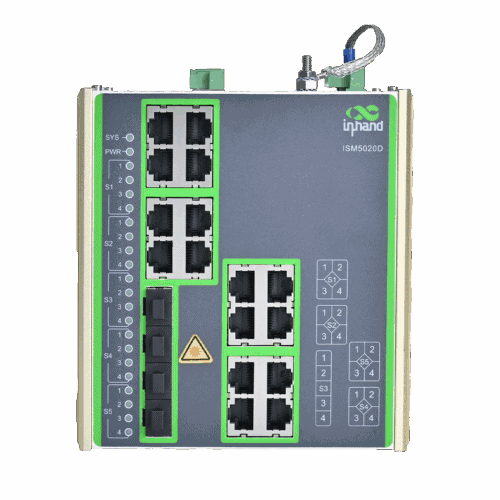 Commutateur Ethernet industriel ISM5020D avec 4 ports SFP et 16 ports Gigabit Ethernet sur rail DIN.