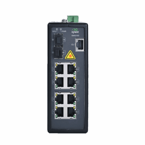 Commutateur Ethernet industriel ISM5310D doté de 2 ports SFP et de 8 ports PoE Gigabit.