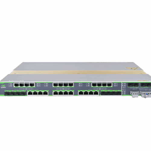 Vue de face du commutateur industriel géré ISM7028U montrant les ports Ethernet et sa conception modulaire pour montage en rack.