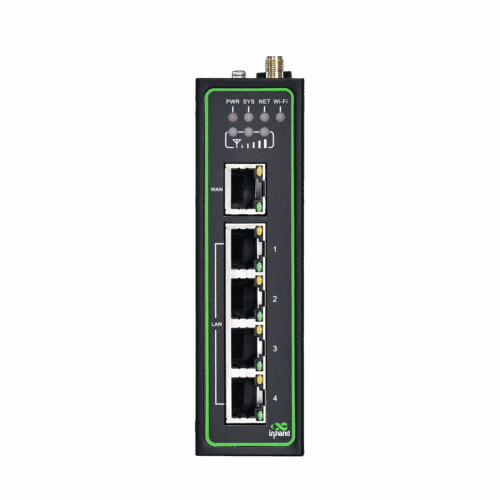 Front view of the IR315 industrial router showing its Ethernet ports and rugged metal enclosure