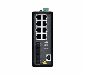 Güvenilir ağ iletişimi için ISM7312D PoE endüstriyel Ethernet anahtarının ön görünümü.