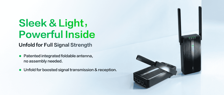 Sleek black CR602 router with antenna ports, designed for professional connectivity