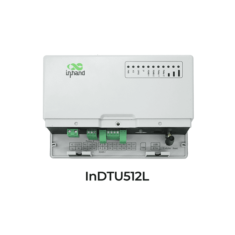 Módem industrial IoT DTU512 con fuente de alimentación de CA y múltiples puertos de E/S para una conectividad energética segura.