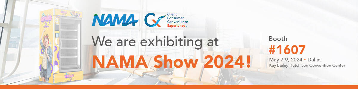 InHand Networks booth at NAMA Show 2024 featuring unattended retail technology displays