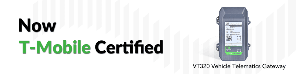 T-Mobileの認証バッジが目立つように表示された、堅牢な車両テレマティクスゲートウェイVT320。