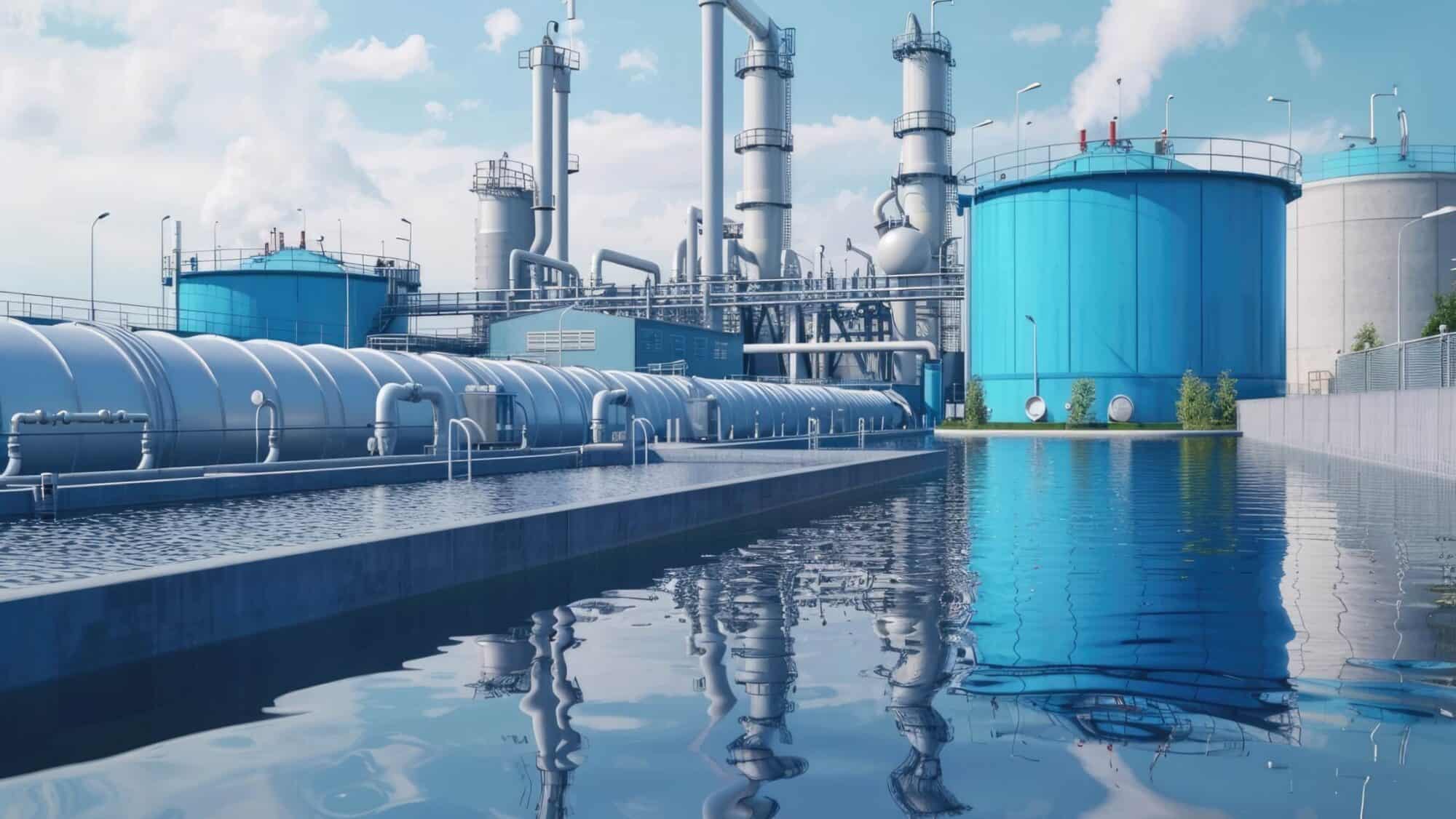 Tanques de purificación de plantas modernas de tratamiento de aguas residuales que emplean IoT para monitorear la eficiencia de los servicios en entornos industriales.