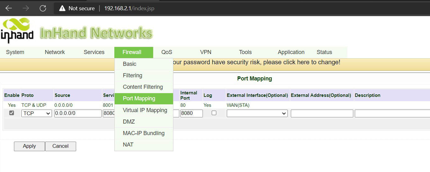 Interfaz de configuración del router que muestra la configuración de asignación de puertos para el acceso a Internet a los dispositivos finales.