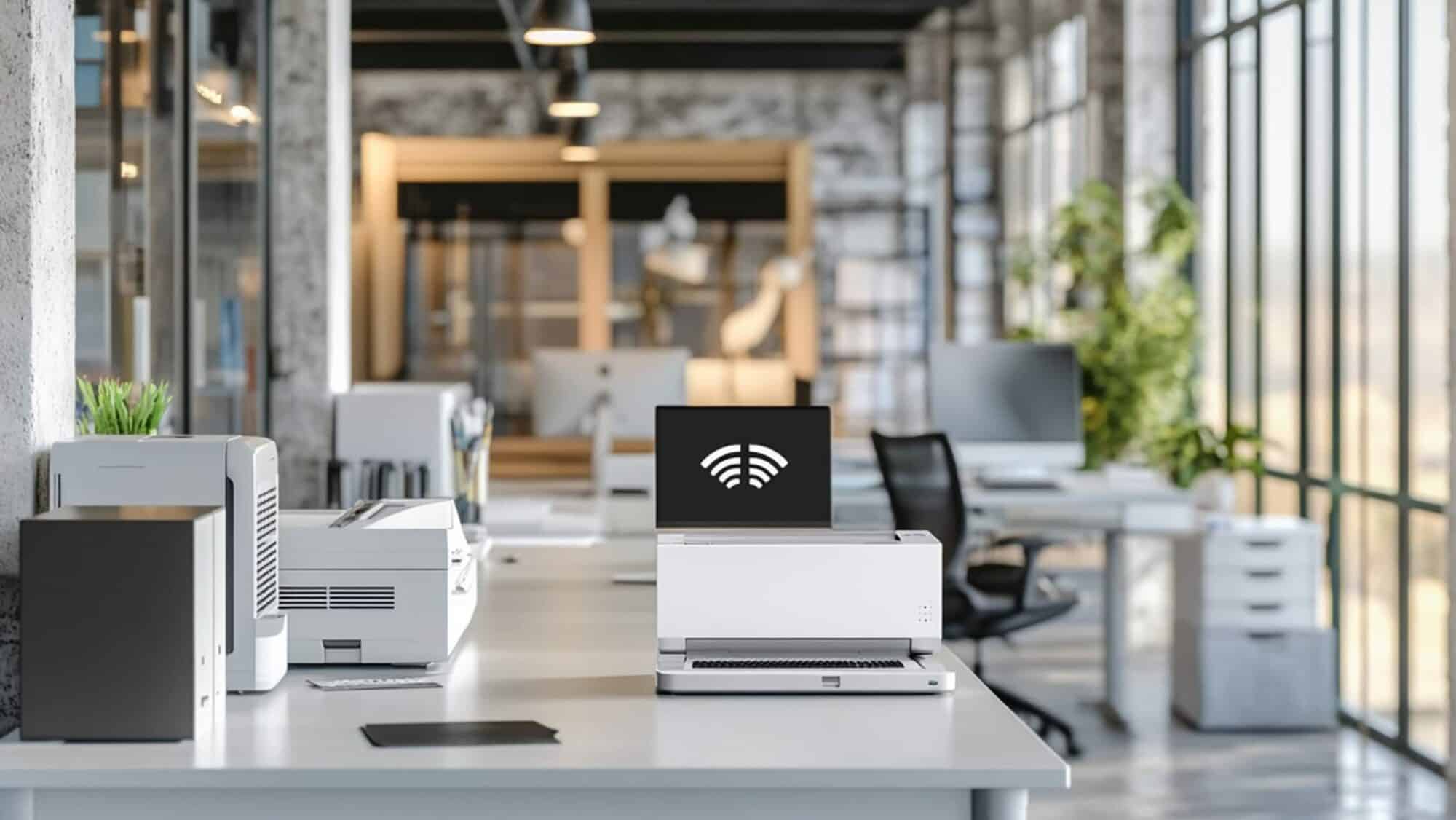 Impresora blanca con dispositivo de red negro en la parte superior para conectividad y productividad en entornos de trabajo híbridos.
