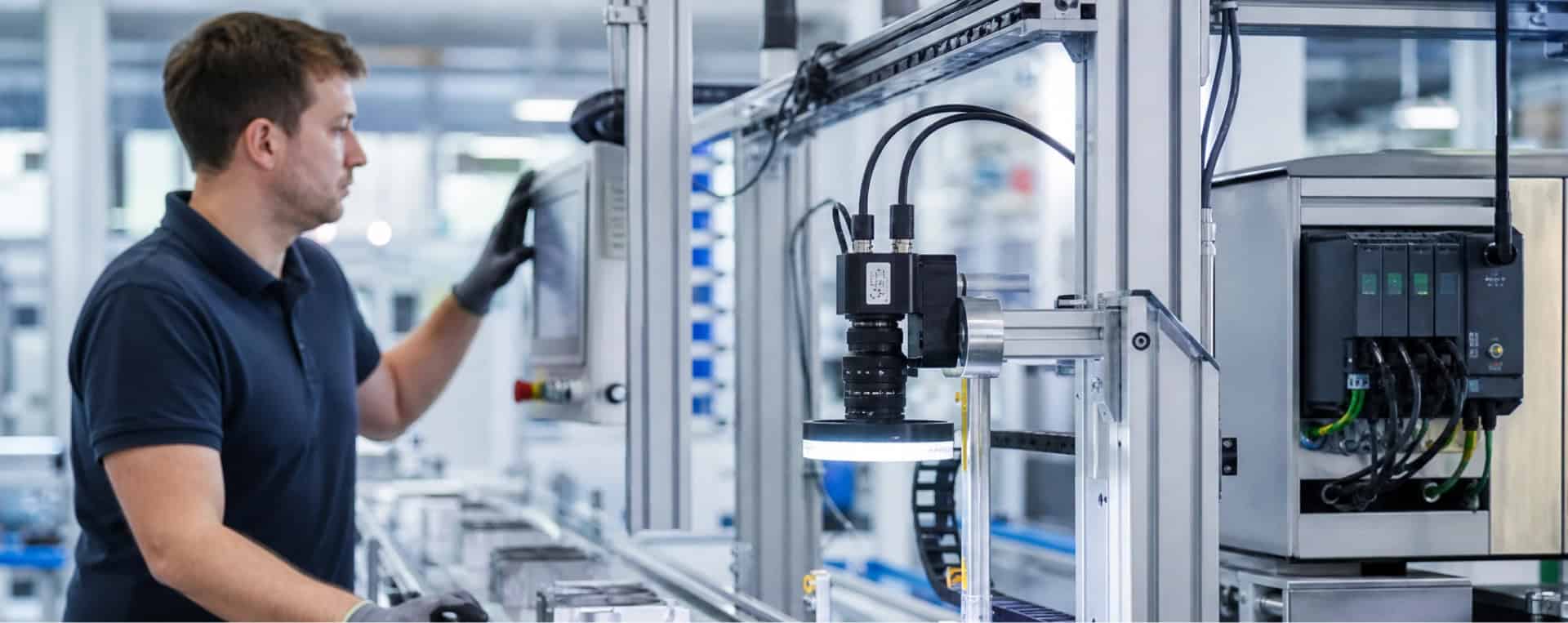 Industrial production line with machine vision cameras inspecting components, enabled by InHand PoE+ switches