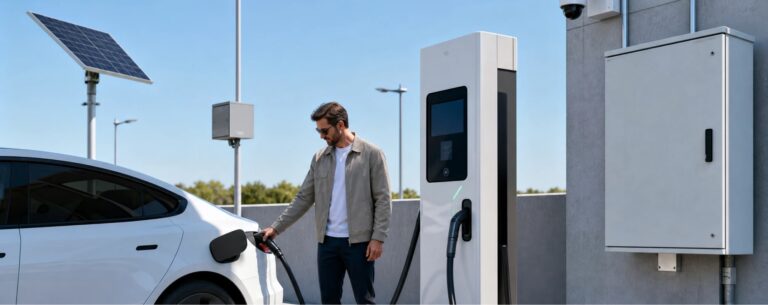 محطة شحن خارجية للسيارات الكهربائية تستخدم مفتاح شبكة InHand لتوفير اتصال وحماية موثوقين.