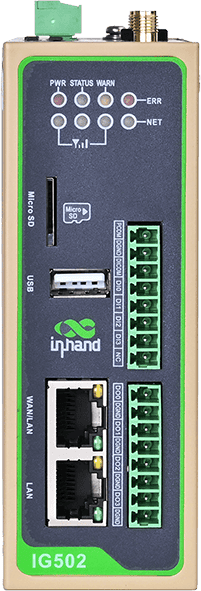 IG502 industrial IoT edge gateway device with ethernet ports and antenna connectors