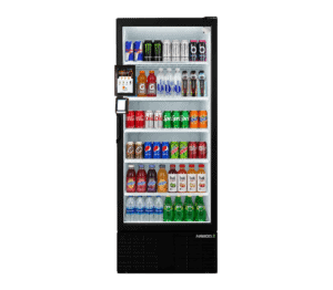 FV680 AI Vending soğutucusunun ön görünümü, dokunmatik ekranı ve ürün teşhir raflarını göstermektedir.