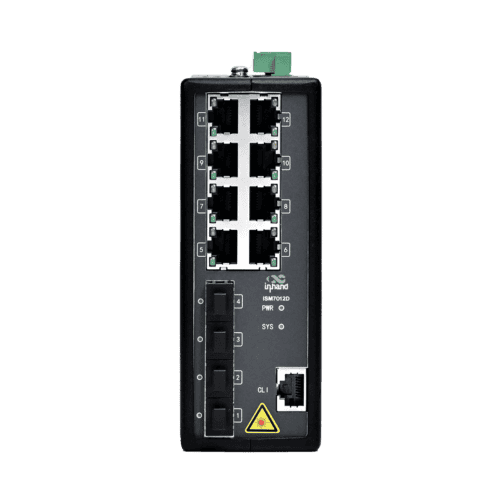 Commutateur Ethernet industriel administrable ISM7012D doté d'un boîtier métallique robuste et de ports RJ45.