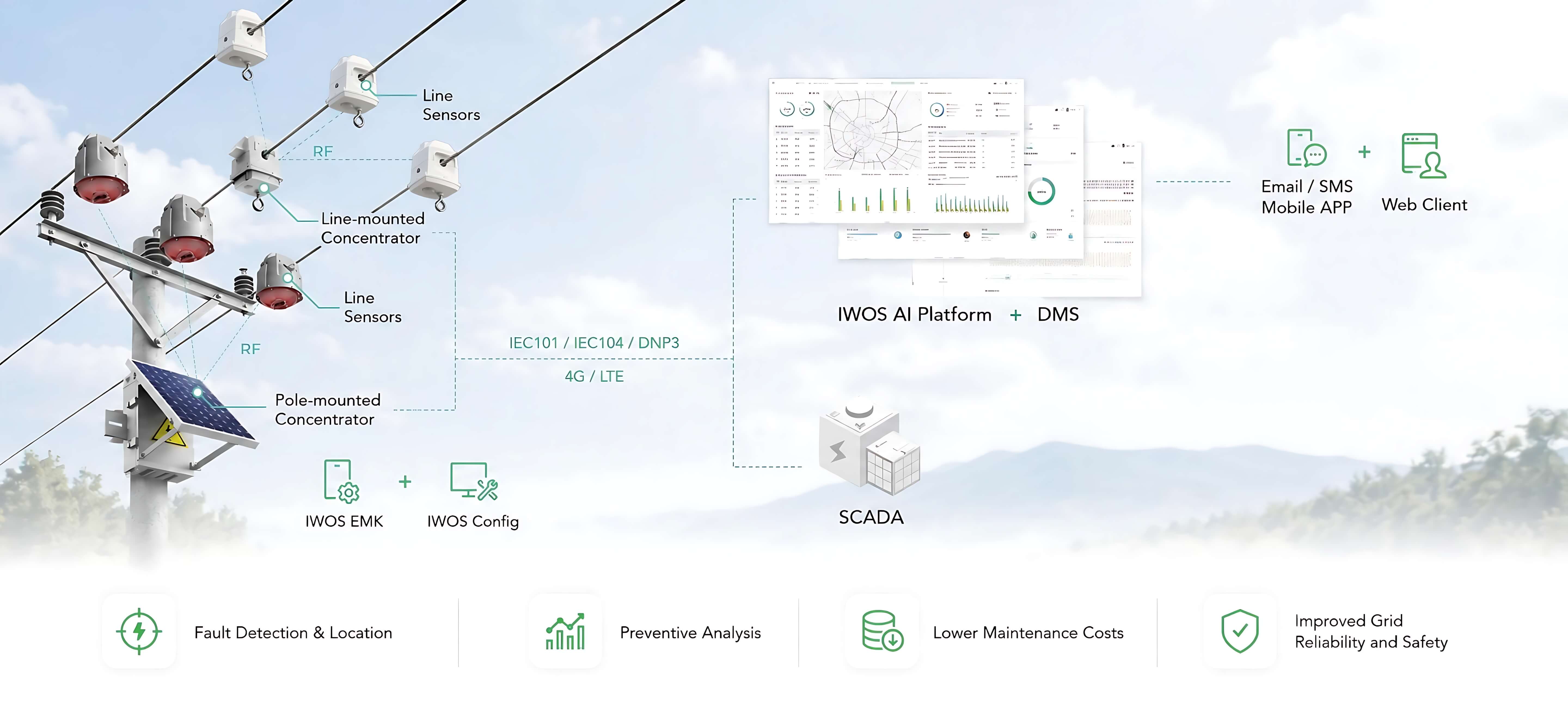Functional block diagram showing IWOS overhead line monitoring system components and data flow