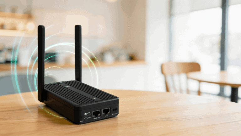 New CR602 5G router installed in coffee shop network cabinet for reliable business connectivity
