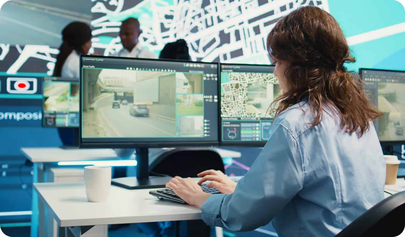 Un equipo de operaciones diverso supervisa de forma remota los camiones de reparto y la seguridad de los conductores a través de la pantalla de la solución ADAS de InVision.