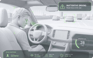 Una alerta visual de la solución ADAS InVision con tecnología de IA que monitorea las condiciones del vehículo, como el uso del móvil.