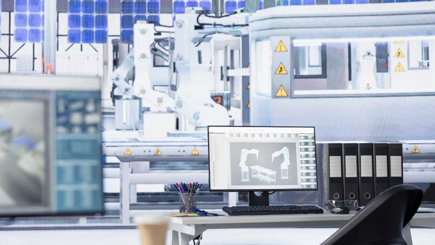 Ingeniero que supervisa sistemas fotovoltaicos utilizando IoT industrial para mantenimiento predictivo.