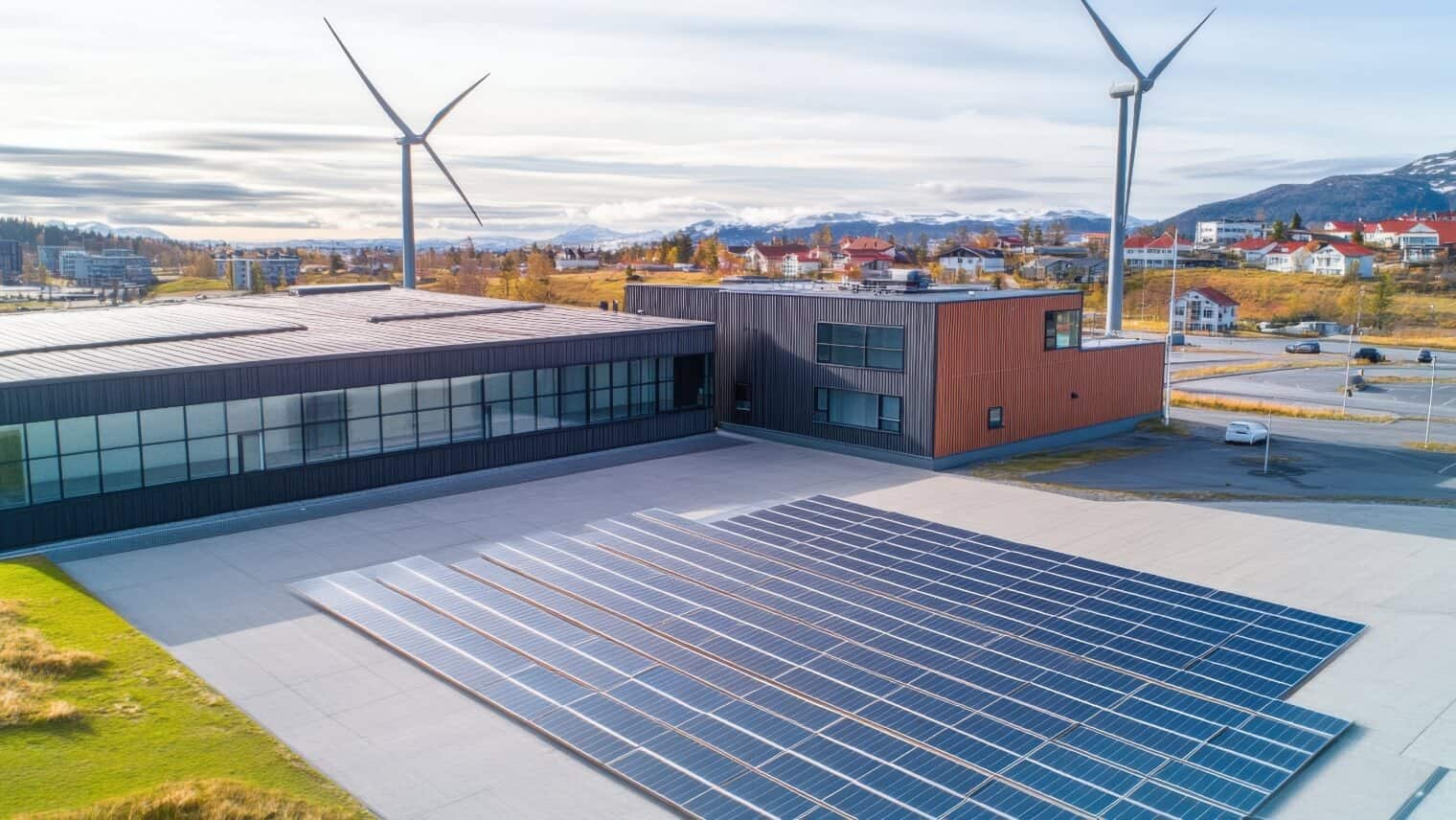 Edificio moderno con paneles solares que implementa una gestión de la eficiencia energética para reducir los costes operativos.