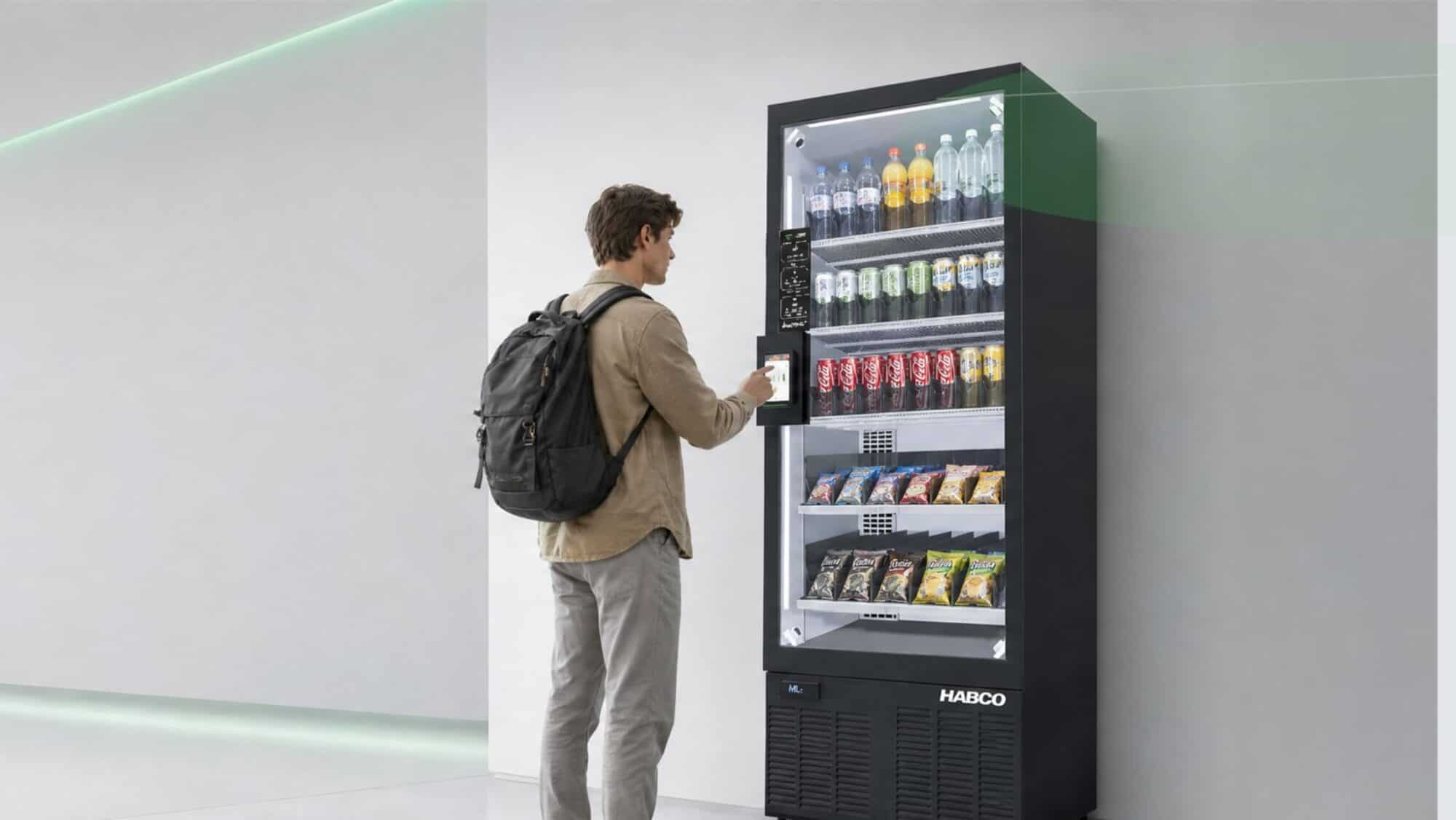 Advanced vending machine featuring product recognition and automatic checkout in a tourist location for unattended retail.