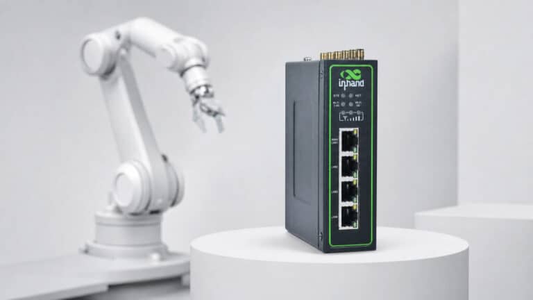 IR624 5G industrial router with antenna ports, displayed during ITxPT membership announcement.