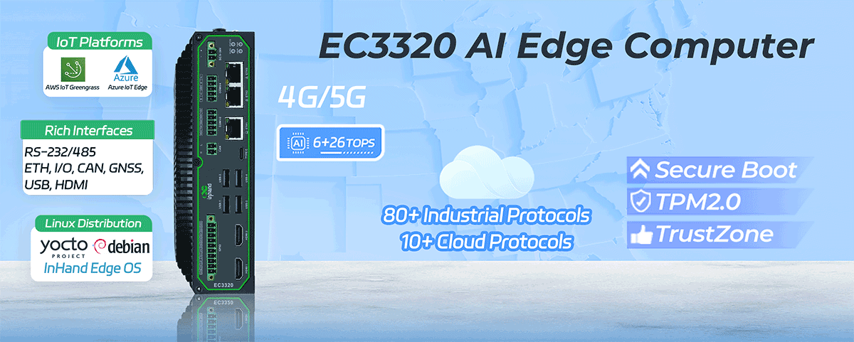 Kompaktes EC3320 AI Edge-Computer-Gehäuse mit Netzwerkanschlüssen und Statusleuchten