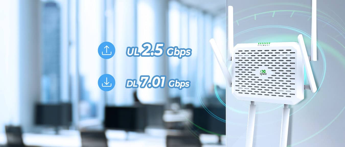 Kompakt InHand Networks FWA12 yönlendiricisinin ön görünümü, 5G anten bağlantı noktalarını göstermektedir.