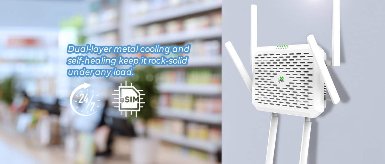 Çoklu lokasyonlu operasyonlar için 5G ve Wi-Fi 7 bağlantısı sağlayan, antenli InHand Networks FWA12 yönlendirici.