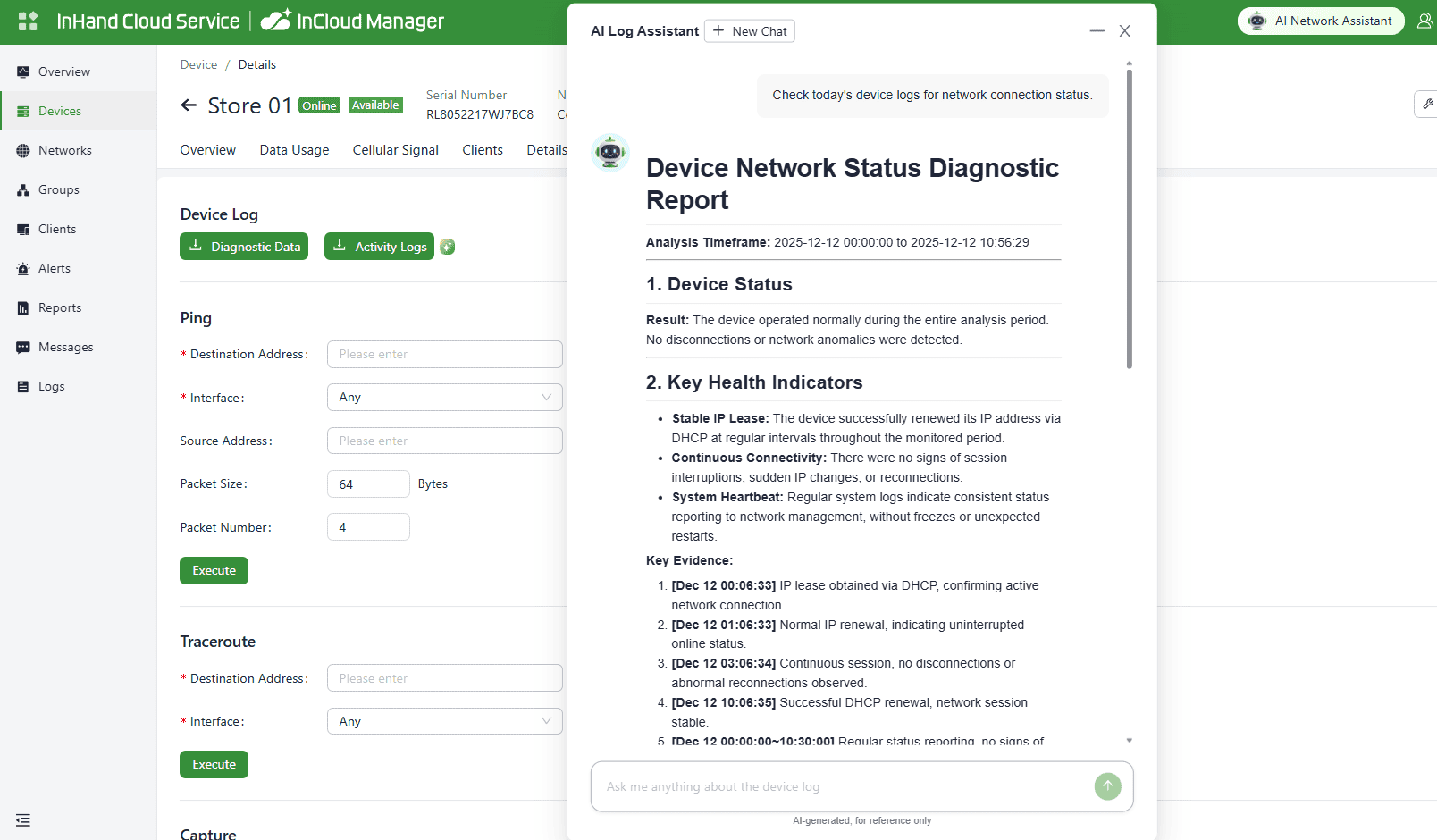 InCloud Manager KI-Assistent zeigt Diagnoseergebnisse für Filialnetze an