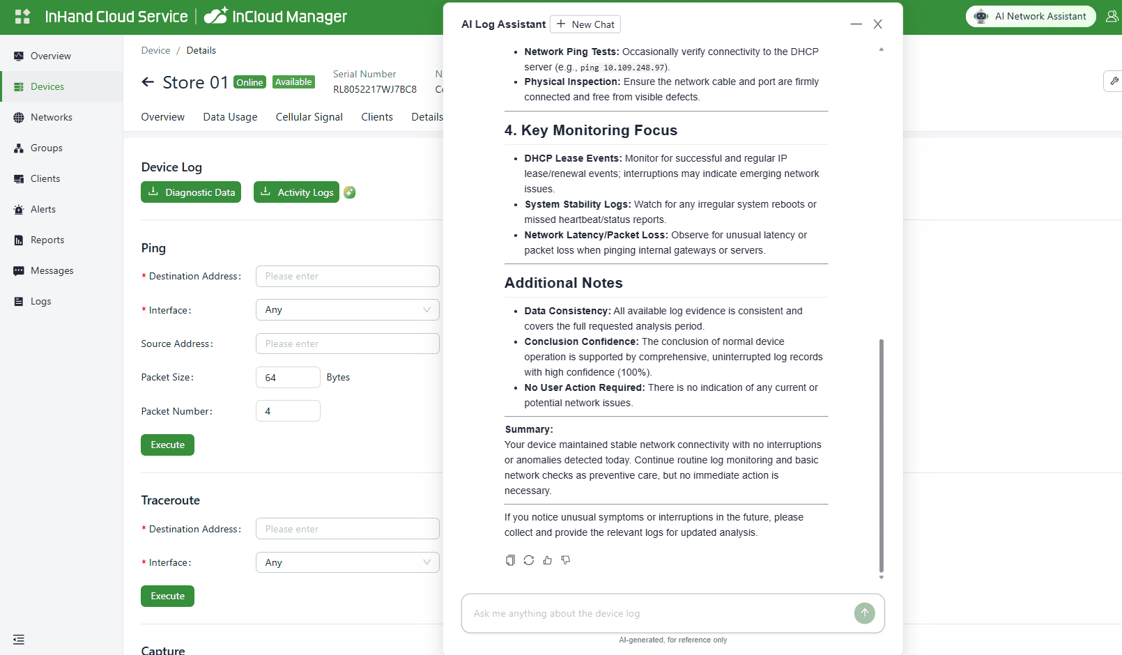 InCloud Manager, ein KI-Assistent, diagnostiziert Netzwerkprobleme an mehreren Einzelhandels- und Filialstandorten.