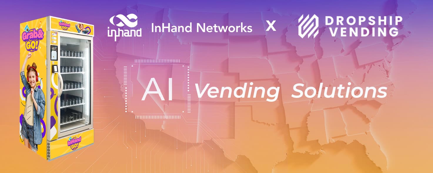 Führungskräfte von InHand Networks und Dropship Vending besiegeln ihre strategische Partnerschaft für intelligente KI-gestützte Verkaufsautomaten per Handschlag.