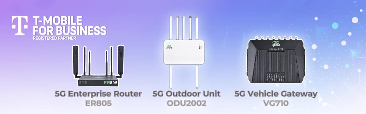 InHand Networks and T-Mobile executives hold an ER805 router and VG710 gateway highlighting their new partnership.