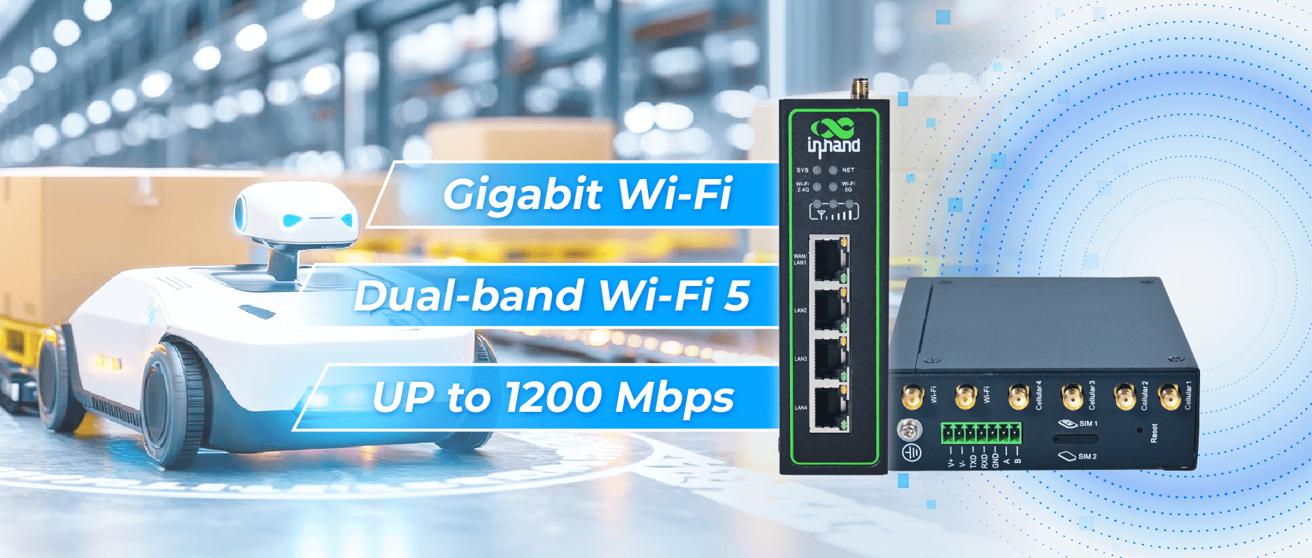 Yoğun kablosuz ağ kurulumu için çift bantlı antenlere sahip IR624 endüstriyel 5G yönlendirici.