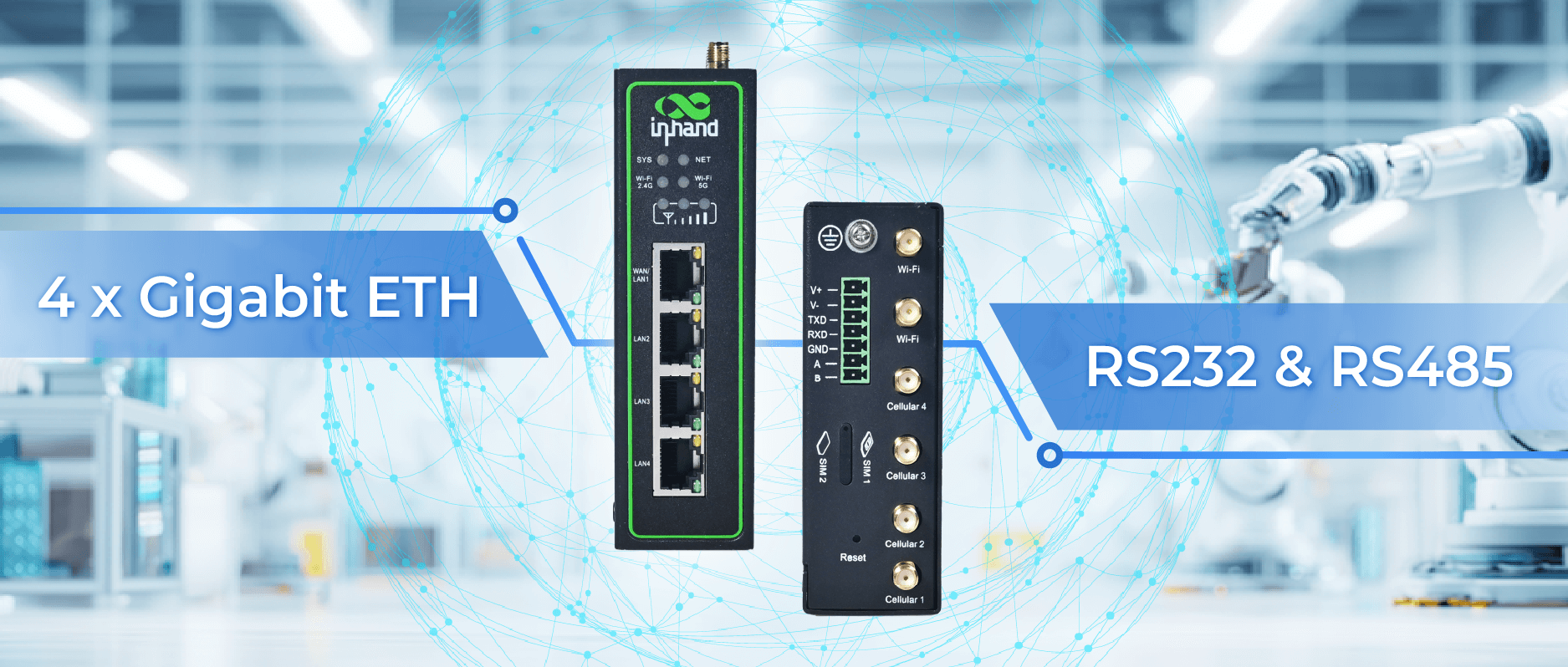 IR624 endüstriyel yönlendiricinin arka panelinde, bağlantı seçenekleri için çok yönlü seri, Ethernet ve USB bağlantı noktaları gösterilmektedir.