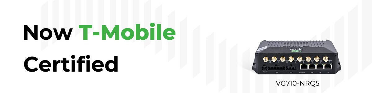 VG710-NRQ5 5G vehicle router displaying T-Mobile certification badge for enhanced transportation connectivity.