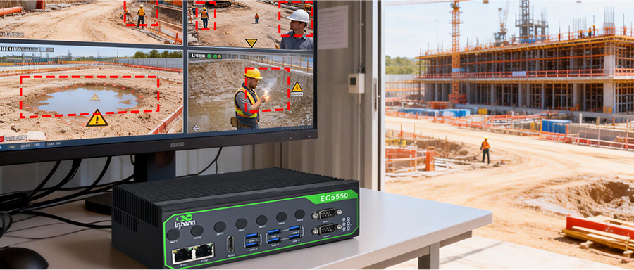 EC5550-powered AI continuously analyzing live construction site video to detect personnel, PPE violations, intrusions, and fire—without cloud reliance.