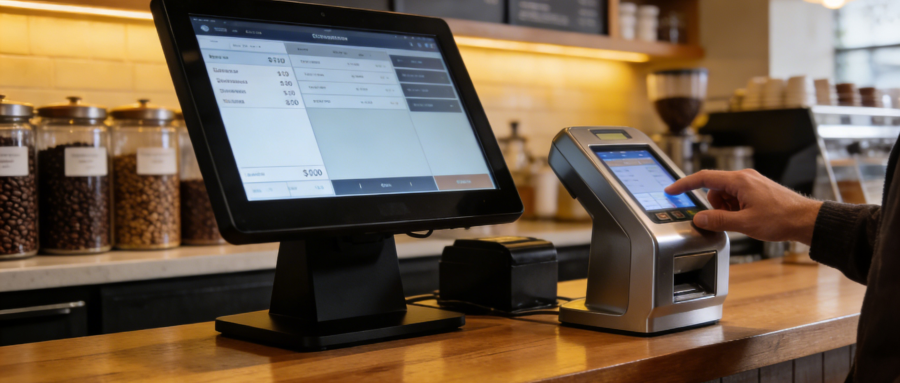 L'intérieur d'un café indépendant moderne, avec des clients utilisant des appareils mobiles, des baristas manipulant un système de point de vente numérique et une signalétique Wi-Fi visible, soulignant l'importance d'une connexion internet stable.